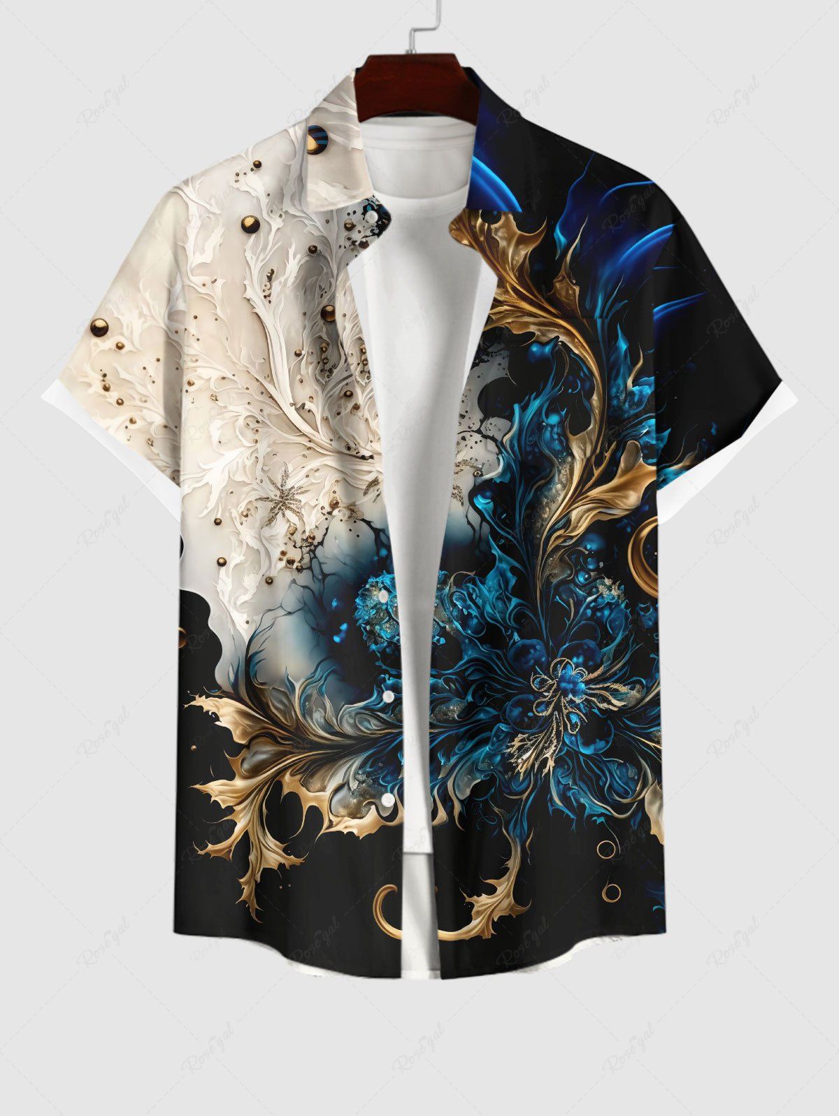 Latest Plus Size Colorblock Metallic Floral Pearl 3D Print Buttons Pocket Hawaii Shirt For Men  