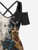 Plus Size Metallic Floral Pearl 3D Print Cold Shoulder Crisscross Hawaii Maxi Dress -  
