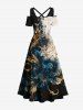 Plus Size Metallic Floral Pearl 3D Print Cold Shoulder Crisscross Hawaii Maxi Dress -  