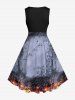 Plus Size Distressed Crow Skull Rose Flower Fire Flame Print Halloween Costume Vintage Swing A Line Dress -  