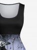 Plus Size Distressed Crow Skull Rose Flower Fire Flame Print Halloween Costume Vintage Swing A Line Dress -  