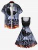 Plus Size Distressed Crow Skull Rose Flower Fire Flame Print Halloween Costume Vintage Swing A Line Dress -  
