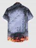 Plus Size Distressed Crow Skull Rose Flower Fire Flame Print Halloween Button Pocket Shirt For Men -  