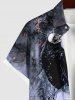 Plus Size Distressed Crow Skull Rose Flower Fire Flame Print Halloween Button Pocket Shirt For Men -  