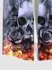 Plus Size Distressed Crow Skull Rose Flower Fire Flame Print Halloween Button Pocket Shirt For Men -  