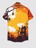 Plus Size Ghost Swallow Castle Tree Cross Skull Print Halloween Button Pocket Shirt For Men -  