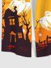 Plus Size Ghost Swallow Castle Tree Cross Skull Print Halloween Button Pocket Shirt For Men -  