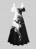 Plus Size Two Tone Smog Ink Painting Watercolor Print Cold Shoulder Crisscross Hawaii Maxi Dress -  