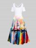 Plus Size Watercolor Tie Dye Colorblock Sailboat Print Cold Shoulder Crisscross Hawaii Maxi Dress -  