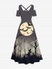 Plus Size Halloween Costume Bat Moon Tree Wazird Print Cold Shoulder Crisscross Maxi Dress -  