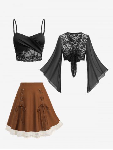 Floral Lace Patchwork Crossover Top and Rose Flower Chiffon Bolero Top and Lace Up Crochet Skirt Plus Size Outfit - BLACK