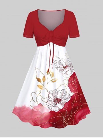 Plus Size Line Floral Leaf Watercolor Colorblock Print Hawaii Cinched Ombre A Line Dress - RED - 2X