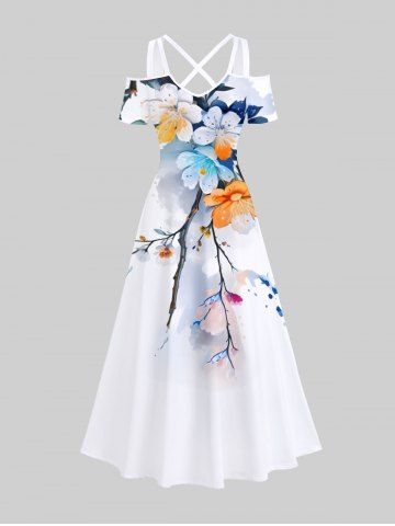 Plus Size Colorful Watercolor Floral Leaf Branch Print Hawaii Crisscross A Line Maxi Dress - WHITE - S