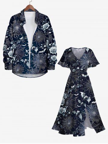 Halloween Costume Bat Spider Web Rose Flower Print Plus Size Matching Outfit For Couples - Black