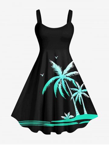 Plus Size Coconut Tree Sea Bird Print Hawaii Tank Dress - BLACK - XS