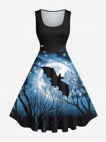 Plus Size Halloween Costume Bat Star Moon Trees Print 1950s Vintage Dress - BLACK - 6X