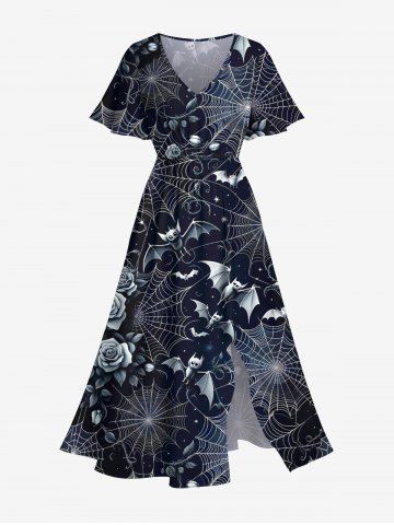 Plus Size Halloween Costume Bat Spider Web Rose Flower Print Split Midi Dress - BLACK - 1X