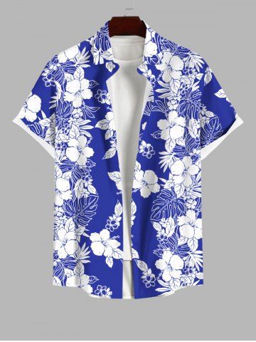 Plus Size Tropical Leaf Hibiscus Flower Two Tone Print Buttons Pocket Hawaii Shirt For Men - BLUE - L