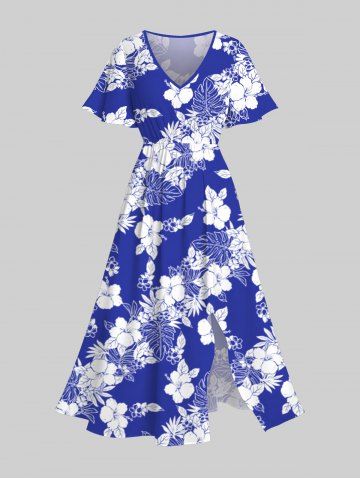 Robe Hawaïen Mi-Longue Fendue Fleur D'Hibiscus et Feuille Tropicale Imprimées de Grande Taille - BLUE - 6X