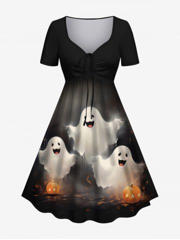 Plus Size Halloween Costume Ghost Pumpkin Print Cinched Dress - BLACK - 3X