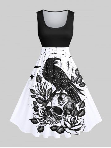 Plus Size Halloween Costume Moon Star Eagle Skull Rose Flower Leaf Print 1950s Vintage Dress - BLACK - 1X
