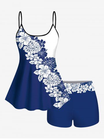 Tropical Leaf Hibiscus Flower Colorblock Print Boyleg Hawaii Tankini Swimsuit(Adjustable Shoulder Strap) - BLUE - XS