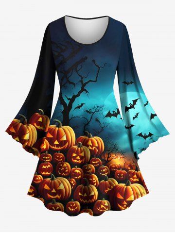 Plus Size Pumpkin Lantern Bat Moon Tree Print Halloween Costume Ombre A Line Dress - BLACK - S