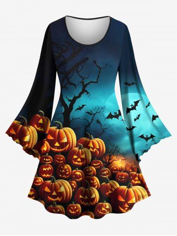 Plus Size Pumpkin Lantern Bat Moon Tree Print Halloween Costume Ombre A Line Dress - BLACK - 6X