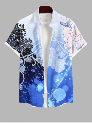 Plus Size Floral Tree Light Beam Heart Leaf Stars Bubble Print Hawaii Ombre Button Pocket Shirt For Men - BLUE - M