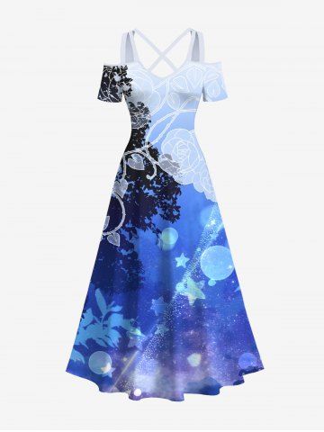 Plus Size Floral Tree Light Beam Heart Leaf Stars Bubble Print Hawaii Crisscross A Line Maxi Dress - BLUE - S