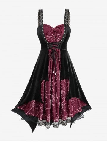 Robe D'Halloween Troile D'Araignée à Ourlet en Dentelle Grande Taille en Velours à Lacets - BLACK - L | US 12