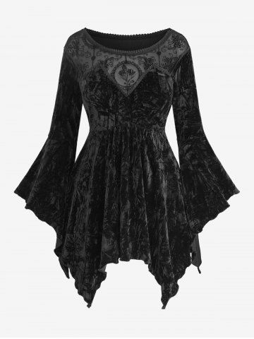 Plus Size Tulip Flower Mesh Flocking Embossed Crinkle Velvet Patchwork Handkerchief Asymmetric Bell Sleeves Top - BLACK - M | US 10