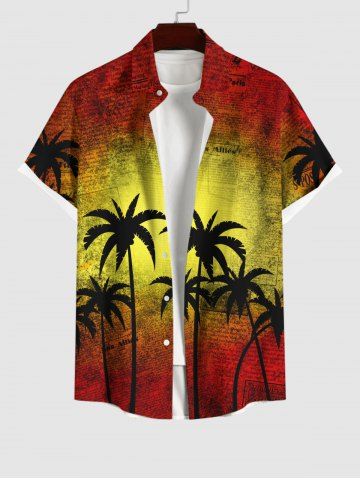 Plus Size Coconut Tree Ombre Colorblock Newspaper Print Buttons Pocket Hawaii Shirt For Men - RED - M