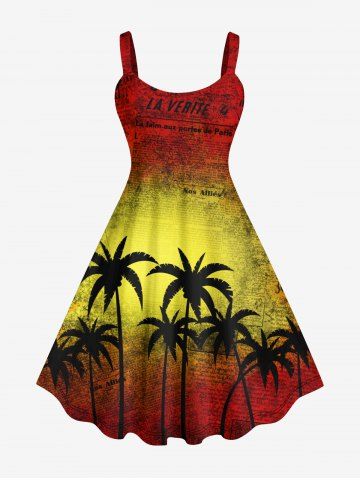 Plus Size Coconut Tree Ombre Colorblock Newspaper Print Hawaii Tank Dress - RED - XS