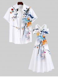 Colorful Watercolor Floral Leaf Branch Print Plus Size Matching Hawaii Beach Outfit For Couples -  