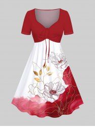 Plus Size Line Floral Leaf Watercolor Colorblock Print Hawaii Cinched Ombre A Line Dress -  