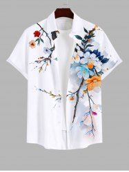Plus Size Colorful Watercolor Floral Leaf Branch Print Hawaii Button Pocket Shirt For Men -  