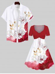 Line Floral Leaf Watercolor Colorblock Print Plus Size Matching Hawaii Beach Outfit For Couples -  
