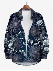 Plus Size Halloween Bat Spider Web Rose Flower Print Buttons Long Sleeve Shirt For Men -  