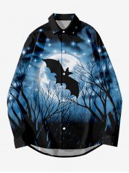 Plus Size Halloween Bat Star Moon Trees Print Buttons Pocket Long Sleeve Shirt For Men -  