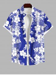 Plus Size Tropical Leaf Hibiscus Flower Two Tone Print Buttons Pocket Hawaii Shirt For Men -  