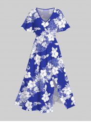 Plus Size Tropical Leaf Hibiscus Flower Two Tone Print Split Hawaii Midi Dress -  