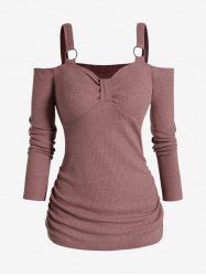 Plus Size O-ring Cold Shoulder Ruched Textured Long Sleeve Top -  