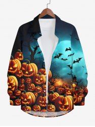Plus Size Pumpkin Lantern Bat Moon Tree Print Halloween Ombre Button Shirt For Men -  