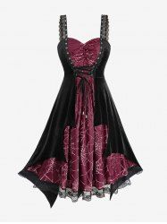 Plus Size Halloween Grommet Lace-up Spider Web Flocking Scalloped Lace Trim Velvet Tank Dress -  