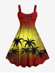 Plus Size Coconut Tree Ombre Colorblock Newspaper Print Hawaii Tank Dress -  