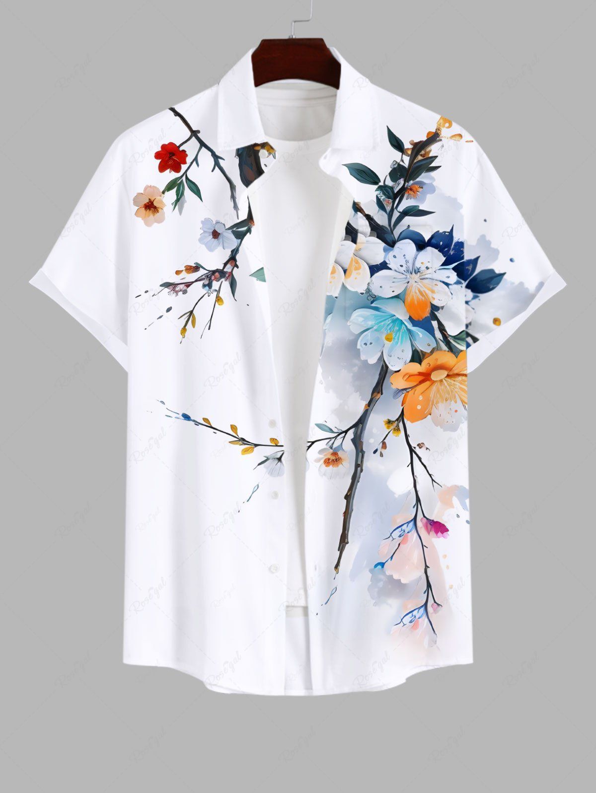 Outfit Plus Size Colorful Watercolor Floral Leaf Branch Print Hawaii Button Pocket Shirt For Men  