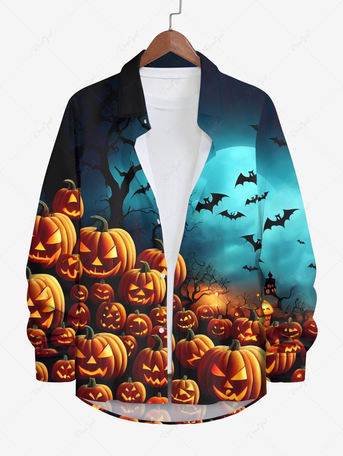 Online Plus Size Pumpkin Lantern Bat Moon Tree Print Halloween Ombre Button Shirt For Men  