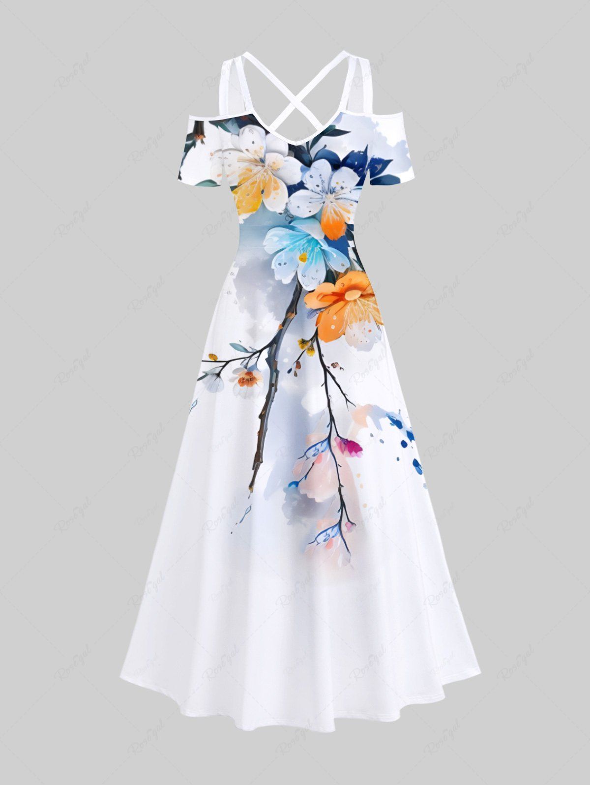 Affordable Plus Size Colorful Watercolor Floral Leaf Branch Print Hawaii Crisscross A Line Maxi Dress  