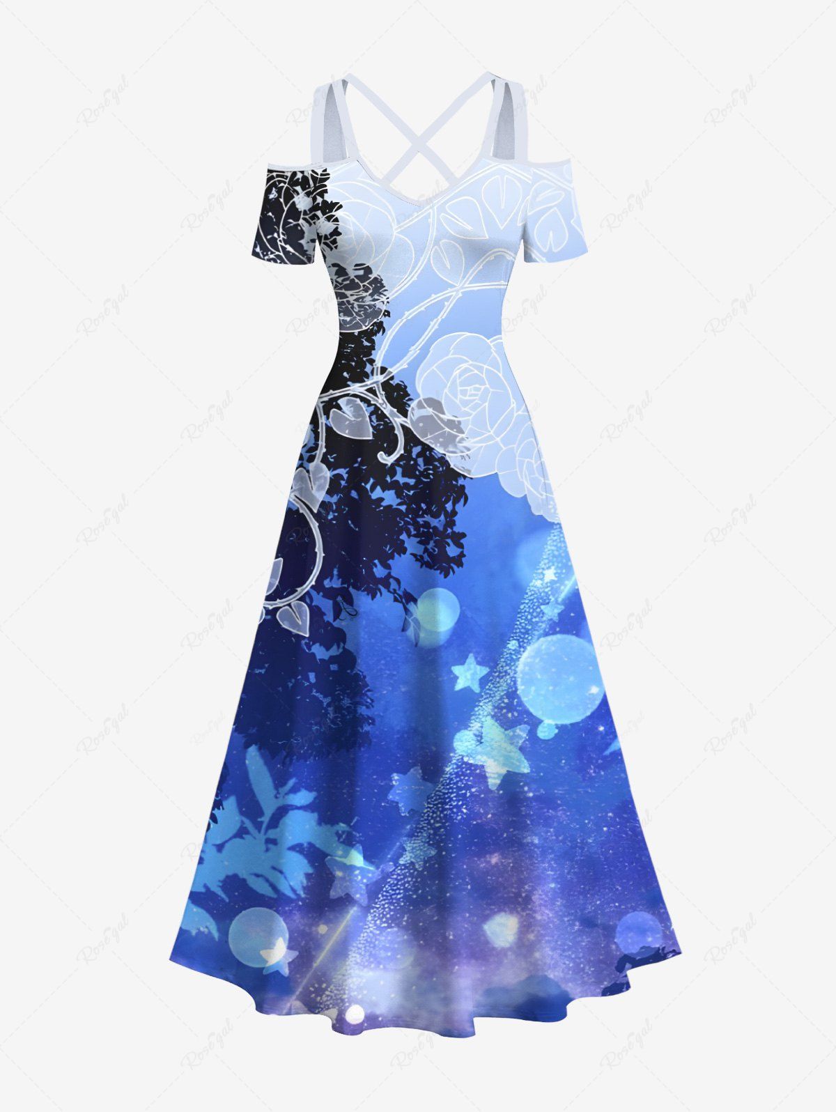 Chic Plus Size Floral Tree Light Beam Heart Leaf Stars Bubble Print Hawaii Crisscross A Line Maxi Dress  
